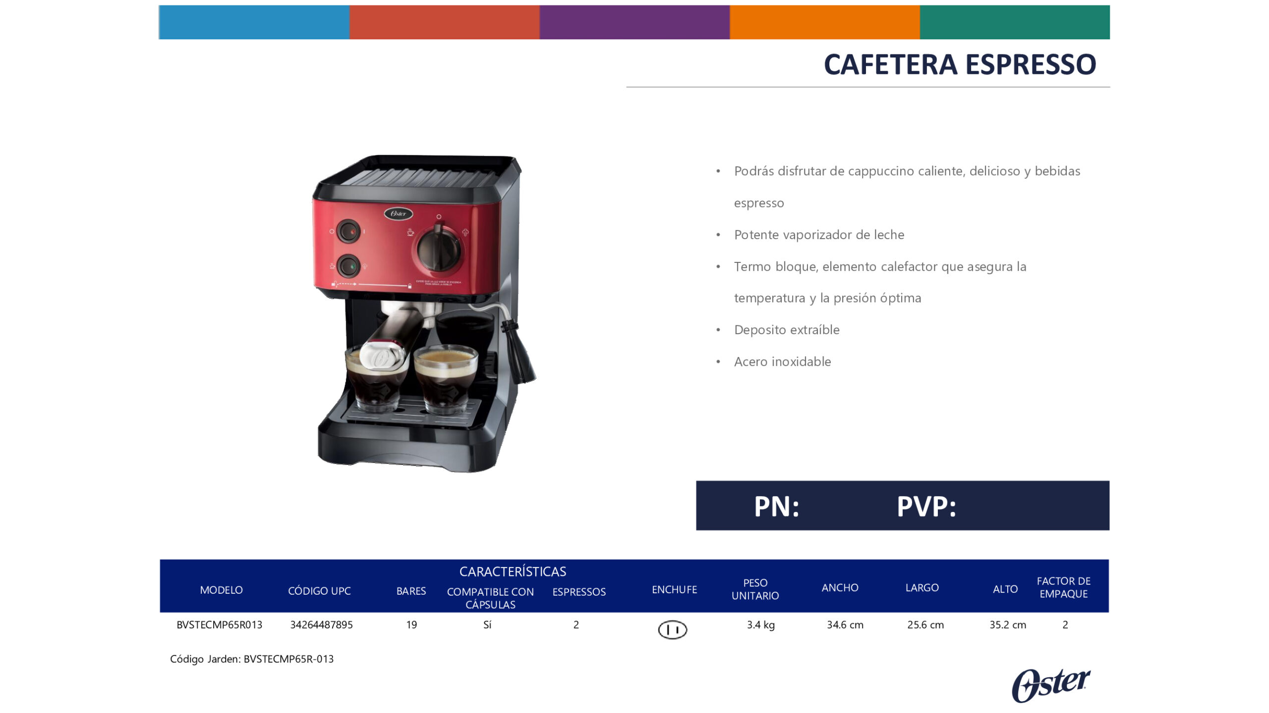 Cafetera espresso Oster BVSTECMP65R-013